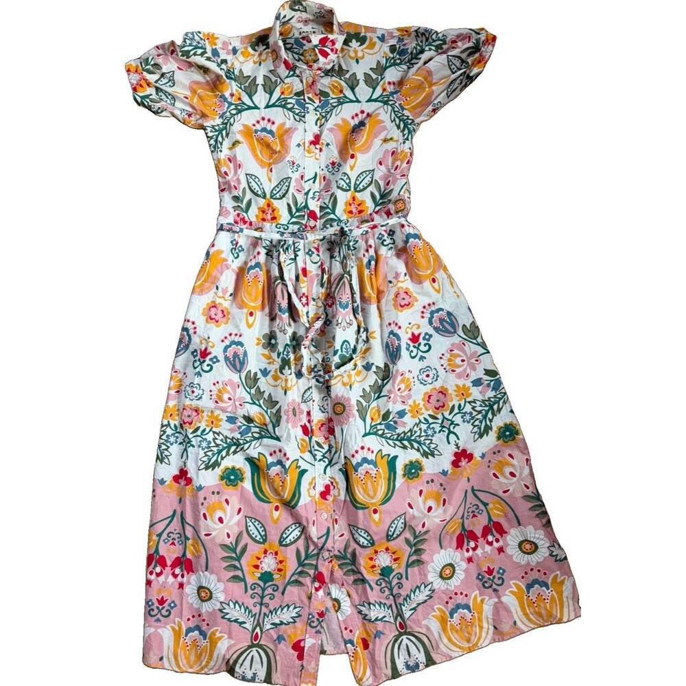Boden Alexa Floral Multicolor Cotton Shirt Midi Dress Tie Waist Puff Sleeve Sz 8 - Picture 7 of 13